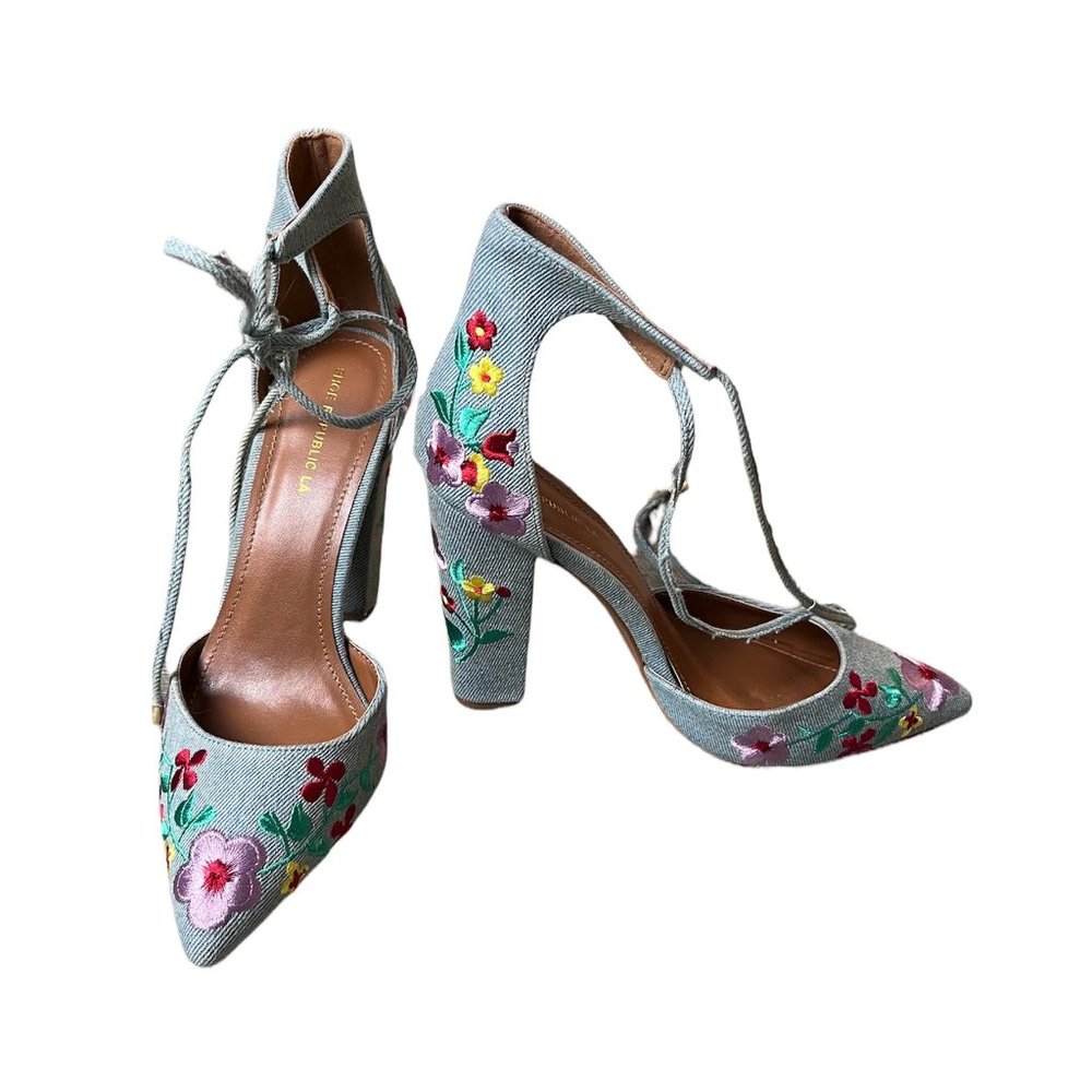 Shoe Republic LA Denim Floral Embroidered Heels
